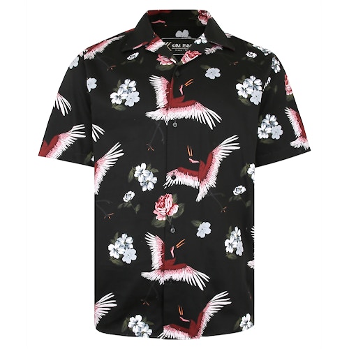 KAM Kurzarmhemd mit Flamingo-Print und Satin-Finish in Schwarz
